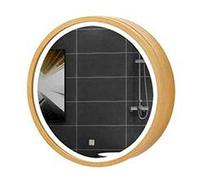 LED Bathroom Mirror with Smart Touch Switch Round Wooden Wall-Mounted Vanity Cabinet Fully Assembled 70cm Brown Finish - Modern Home Decor Essential