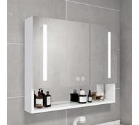 LED Bathroom Mirror with Storage - Smart Aluminum Medicine Cabinet Anti-Fog Touch Switch Hair Dryer Holder & Paper Holes - White Vanity Mirror with Lights