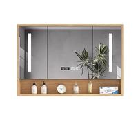 LED Bathroom Mirror with Storage - Solid Wood Medicine Cabinet Anti-Fog Time Display Touch Switch Vanity Mirror with Lights for Smart Home Decor