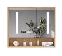 LED Bathroom Mirror with Storage - Solid Wood Medicine Cabinet Anti-Fog Time Display Touch Switch Vanity Mirror with Lights for Smart Home Decor