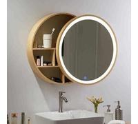 LED Bathroom Mirror with Wood Frame 50cm Round Makeup Cabinet Illuminated Mirror with Hidden Shelves for Bathroom Toilet and Balconies (Wood Color)