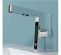 LED Bathroom Sink Faucet,Bathroom Faucet with Pull Out Sprayer,Temperature Digital Display Brass Basin Mixer Tap 2 Spray Modes,Single Handle,Gray, Vessel (Silver)