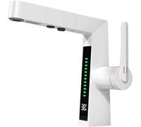 LED Bathroom Sink Faucet,Bathroom Faucet with Pull Out Sprayer,Temperature Digital Display Brass Basin Mixer Tap 2 Spray Modes,Single Handle,Gray, Vessel (White)