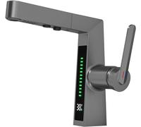 LED Bathroom Sink Faucet,Bathroom Faucet with Pull Out Sprayer,Temperature Digital Display Brass Basin Mixer Tap 2 Spray Modes,Single Handle,Gray, Vessel (Gray)