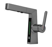 LED Bathroom Sink Faucet,Bathroom Faucet with Pull Out Sprayer,Temperature Digital Display Brass Basin Mixer Tap with 2 Spray Modes,Single Handle,Gray