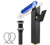LED Bathroom Vessel Sink Faucet Black&Gold Waterfall Single Handle 1 Hole Matching Pop Up Drain Without Overflow Lavatory Vanity Basin Tap Deck Mount Farmhouse Bowl Sink Bath Faucets Combo Deck Mount