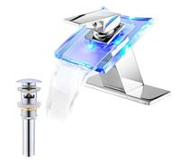 LED Bathroom Waterfall Faucet - Chrome Glass Spout, Single Handle, Overflow Drain Stopper, 3 Color Changing, Battery Powered, Deck Mount, Stylish Basin Tap
