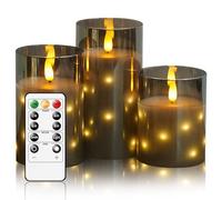 LED Battery Operated Candles, Built in Hidden String Candles, 11 Key Remote Control and 24 Hour Timer, Glass Real Wax Flameless Flickering Candle (3 of 4 "5" 6 ", Grey)