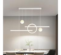 LED Black Metal Linear Pendant Light Kitchen Island Long Strip Hanging Lamp Remote Control Dimmable Chandelier with Moon Planet Milk White Ball for Dinning Room Bar Restaurant