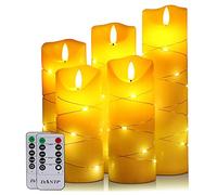 LED Candle, with Embedded Fairy String Lights,5-Piece LED Candle, with 10-Key Remote Control, 24-Hour Timer Function, Dancing Flame, Real Wax, Battery-Powered. (Ivory White)