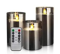 LED Candles 3 Flameless Candles 4" 5" 6" Set, Real Wax Light, Battery Operated Candles Gray Glass Pillars Realistic Flickering Wick Flame Mode, Lantern Candles with Remote Control 24 Hour Timer Lover