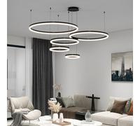 LED Ceiling Pendant Light for Kitchen Island, 5-Ring Black Modern Chandelier, Dimmable 3000K-6500K, Adjustable Height, Remote Control, Hanging Lighting Fixture for Dining Room, Living Room Lamp