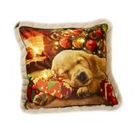 LED Christmas Cushion Sleeping Puppy By The Fire Scene, 45 x 45 cm, Light-Up Pillow Festive Decor