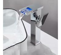 LED Color Changing Bathroom Basin Faucet High Square Mixer Tap with Water Supply Hose Modern Cascading Design Silver Finish Perfect for Stylish Home Decor.