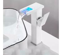 LED Color Changing Waterfall Bathroom Sink Faucet Square High Spout Mixer Tap with Water Supply Hose Modern White Design for Stylish Home Decor