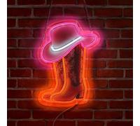 LED Cowboy Boot Hat Neon Sign Light Up Cowgirl Boot Lights Lighted Rodeo Neon Signs for Bedroom Dorm Hallway Garage Bar Gaming Room Man Cave Western Wall Decor Art Gifts