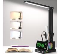 LED Desk Lamp for Office Home, Eye-Caring Desk Light with USB Charging Port & Phone Holder, 3 Color X 4 Brightness, Adjustable Arm, Touch-Control Lamp with RGB Pen Holder for Reading, Bedroom (Black)