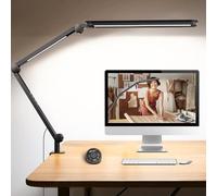 LED Desk Lamp with Clamp, Architect Desk Lamp with Dual LED Light, Flexible 3 Sections Swing Arm Desk Light, Stepless Dimming Remote, 4 Color Mode & 4 Brightness, with Night Light Mode, Reading Mode