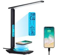 LED Desk Lamp with Wireless Charger, USB Charging Port, Desk Lamp with Clock, Phone Holder, 5 Brigntness x 3 Colour Modes, Eye-Caring Desk Lamps for Home Office, Bedroom, Reading, Work, Study(Black)