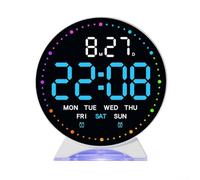 LED digital alarm clock showing time, day, date, and seconds with three level brightness adjustment and sleep mode for improved nighttime visibility (E)
