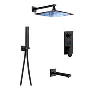 LED Digital Display, Black Rain Mixer Combo Wall Mounted Bathroom Faucet Set with Head, Handheld Shower, Tub Spout, Embedded Box,8 Inches
