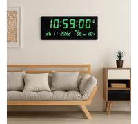 LED Digital Wall Clock 35x15cm - Large Display with Date, Day, Temperature, Humidity, USB Powered, Alarm, Snooze, Brightness Control - 12/24 Hour Format - Multiple Display Colours (Green)