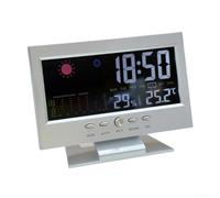 LED Digital Weather Station Clock with Voice Activated Display, Large Color Screen for Time Temperature Humidity, Calendar Alarm for Home Office Desk(silver)