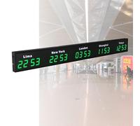 LED Digital World Wall Clock, Large Multi Time Zone Clock with 3/4/5 City Zones, Wall Mounted for Hotels, Enterprises, Airports, Green