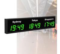 LED Digital World Wall Clock, Large Multi Time Zone Clock with 3/4/5 City Zones, Wall Mounted for Hotels, Enterprises, Airports, Green