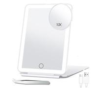 LED Dimmable Folding Travel Makeup Mirror - Rechargeable Mirror with 3 Color Light, Ultra Slim Portable Tabletop Cosmetic Mirror with 10X Mini Magnifying Mirrors for Traveling, Bathroom, Beauty Needs