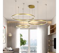 LED Dimmable Table Metal Ring Hanging Height Adjustable Pendant Lamp with Remote Control Chandelier Kitchen Island Bar Dining Living Room Ceiling Light,Brown,3 Rounds