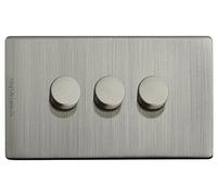 LED Dimmer Switch Gloss Brush Chrome 3 Gang 2 Way 300w Screwless Plate Finish N357DME
