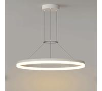 LED Dining Room Suspension Lamp Minimalist Kitchen Island Lighting Chandelier White Metal Hanging Lights with Acrylic Shade Ring Ceiling Pendant Light Fixture(White,Dimming)