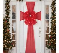 LED Door Bow - Extra Large Light up Door Ribbon with Diamante Centre - Elegant RED Fabric Gift Bow with Warm Lights for Christmas, Weddings, Birthdays & Celebrations Outdoor
