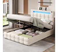 LED Double Upholstered Bed Frame with Charging Station & Adjustable Headboard, Velvet Hydraulic Storage Bed for Bedroom, 202.5L x 142W x 108H cm, Beige Aosom UK
