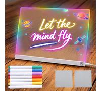Led Drawing Board for Children - LED Magic Board with 7 Colors Pen and Rag, 30 * 20CM, 7-Color Neon Glow Memo Light-Up Message Note Board with Stand as Night Light (White Base)