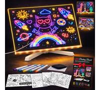 LED Drawing Board for Kids, Light Up Acrylic Note Pad with 7 Colors, Reusable Dry Erase Glow Art Writing Tablet, Stand, Markers & 6 Stencils