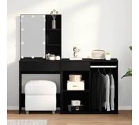 LED Dressing Table Set Black Oak Look with Acrylic Mirror 140 x 40 x 140 cm 2 Drawers LED Lighting Storage Space and Shelf for Bedroom and Girls' Room