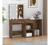 LED Dressing Table Smoked Oak Wood Material with Cabinet and Mirror, 60 x 40 x 140 cm, LED Lighting with USB Connection, Storage Space with Drawers, Makeup Table for Bedroom and Girls' Room