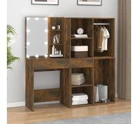 LED Dressing Table Smoked Oak Wood Material with Cabinets and Mirrors, Makeup Table with LED Lighting, Storage Space, Drawer, Shelf, USB Port for Bedroom and Girls' Room
