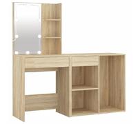 LED Dressing Table with Cabinet Sonoma Oak Wood Material 60 x 40 x 140 cm, Cosmetic Table with LED Lighting, USB Port, Storage Space and Mirror for Bedroom, Girls' Room, Bathroom