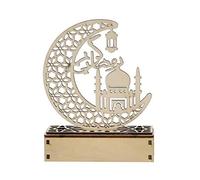 LED Eid Ramadan Hollow Decorations Openwork Carving Wooden Light Durable Table Light Crafts Islamic Muslim Festival Home Decor Moon Shape Architectural Style 21X16X6CM (G)