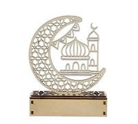 LED Eid Ramadan Hollow Decorations Openwork Carving Wooden Light Durable Table Light Crafts Islamic Muslim Festival Home Decor Moon Shape Architectural Style 21X16X6CM (E)