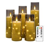LED Flameless Candles, Battery Operated Flickering Candles, Moving Flame Electric Candle Sets Glass Effect with Remote Control, Timer, Embedded String Lights, Realistic LED Fake Candle, 5pcs (Grey)