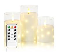LED Flameless Candles, Built in Hidden String, Battery Candles Flickering Set, Glass Real Wax, 11 Key Remote Control and 24 Hour Timer, 3 Groups, H 4 "5" 6 "(White)