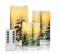 LED Flameless Candles with Snowy Pine Tree Design, 3Pcs Battery Operated Flickering Pillar Candles with Remote, Winter Forest Scene Electric Candles for Christmas Decor & Gifting (White-Pine tree)