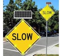 LED Flashing Slow Warning Sign, 24" Solar Aluminum Slow Sign Reflective Slow Down Road Signage for Road Safety, Waterproof, Easy to Install, with Accessories