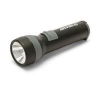 LED flashlight made of ultra-resistant plastic. With a convenient hook. Requires two D batteries (not included). Long-lasting LED light. Super bright 100 lumens (3W), water and shock resistant.