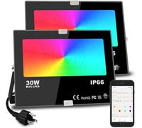 Led Flood Light 300W Equivalent 3000 LM, Outdoor Color Changing Led Stage Landscape Lights, Bluetooth RGBW Smart Floodlights 2700K & 16 Million Colors&Timing& Music Sync, IP66，US 3-Plug (2 Pack)