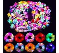 LED Flower Headband 10 pcs (Multi-Colour) Light Up Flower Crown With 10 pc light up scrunchies For Woman Girls Hair Accessories for All Types of Party`s Christmas Halloween Birthday